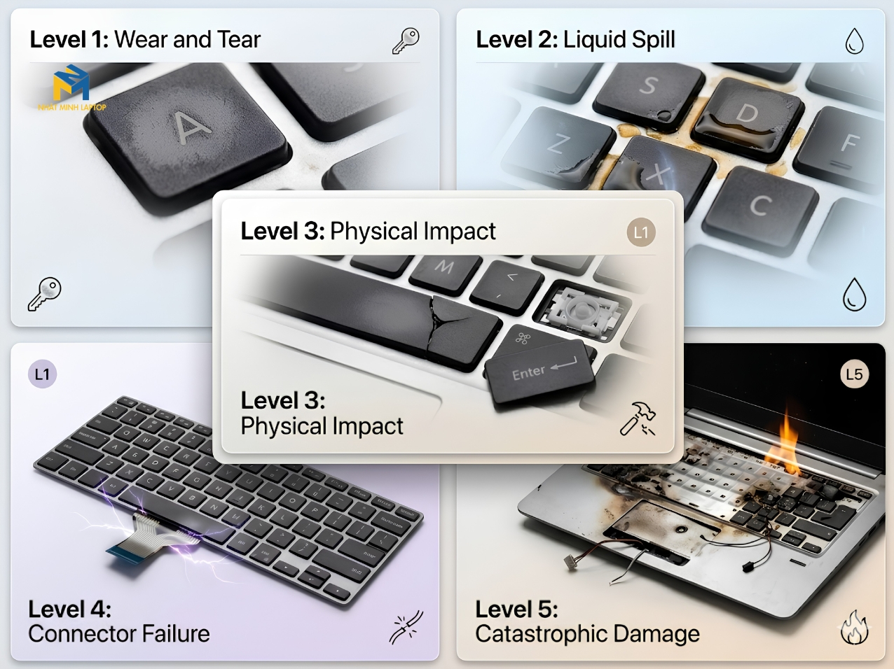 Phân loại các cấp độ hư hỏng bàn phím laptop